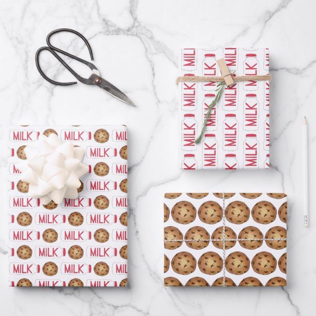 Milk and Cookies Jug Bottle Chocolate Chip Cookie Wrapping Paper Sheet (Front)