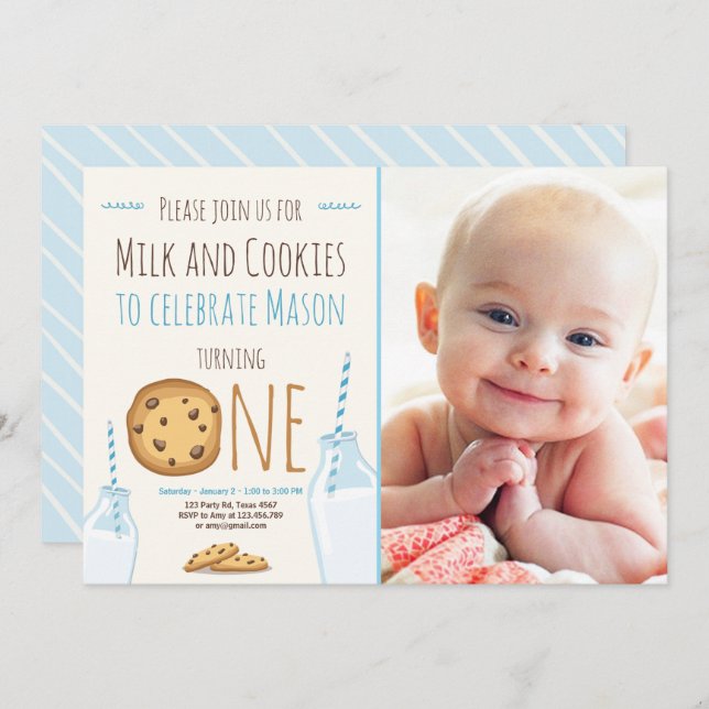 Milk and Cookies Party invitation Boy Birthday (Front/Back)