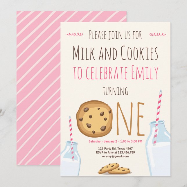 Milk and Cookies Party invitation Girl Birthday (Front/Back)