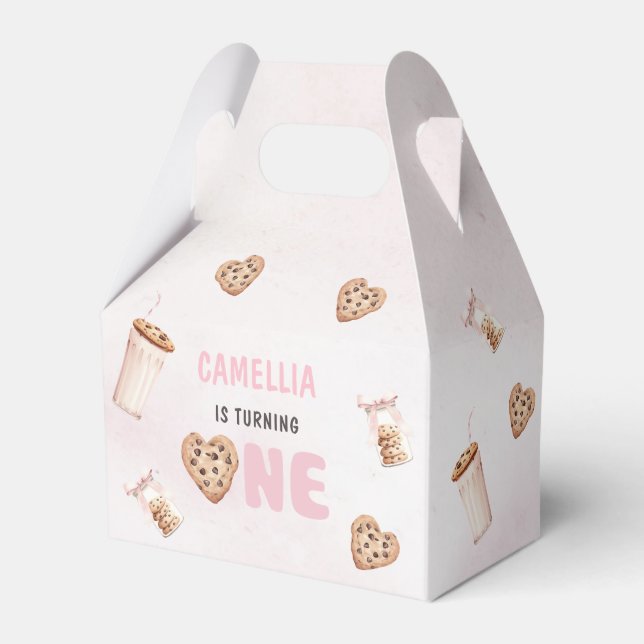 Milk and Cookies Pink First Birthday Party Favour Box (Front Side)