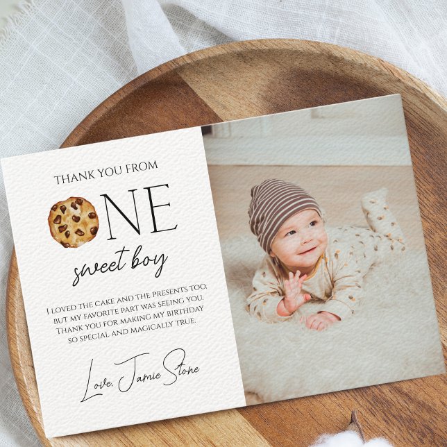 Milk and Cookies Sweet One Boy Birthday Thank You Card (One Sweet Boy First Birthday Thank You Card)