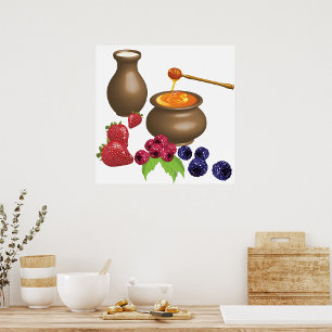 Milk and Honey with Berries Rustic Food Poster
