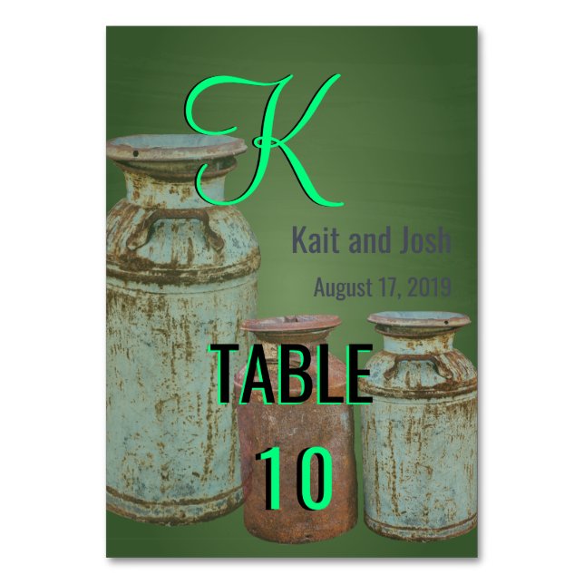 Milk Cans Country Wedding Rustic Old Farm Budget Table Number (Front)