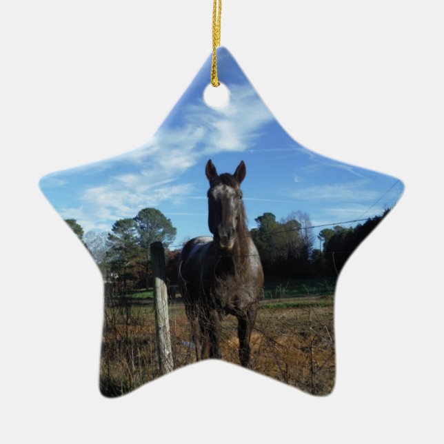Milk Chocolate Brown Horse in Blue Ceramic Tree Decoration (Front)