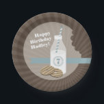 Milk   Cookies Birthday - Blue Paper Plate<br><div class="desc">Birthday party plates featuring an illustration of bottle of milk and striped cookies.</div>