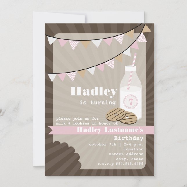 Milk & Cookies Birthday - Fudge Striped & Pink Invitation (Front)