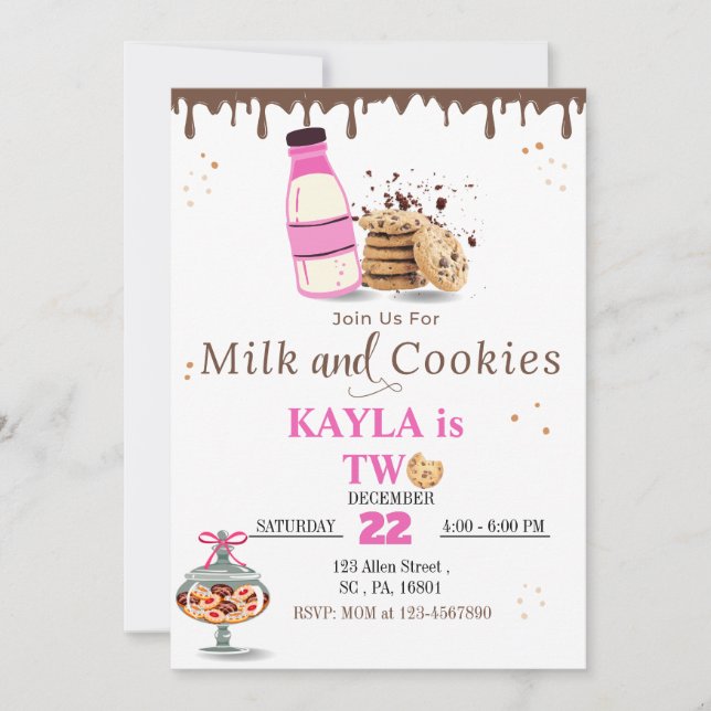 Milk & Cookies Birthday Party Invitation For Girls (Front)