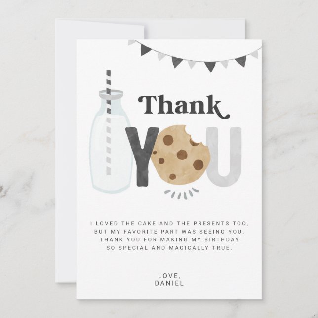 Milk & Cookies Birthday Party Thank You Card (Front)