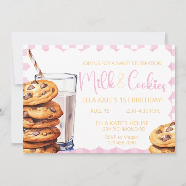 Milk & Cookies Birthday Pink Plaid Girl Birthday Invitation (Front)