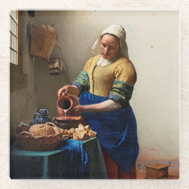 Milkmaid Kitchen Maid by Johannes Vermeer  Glass Coaster (Front)