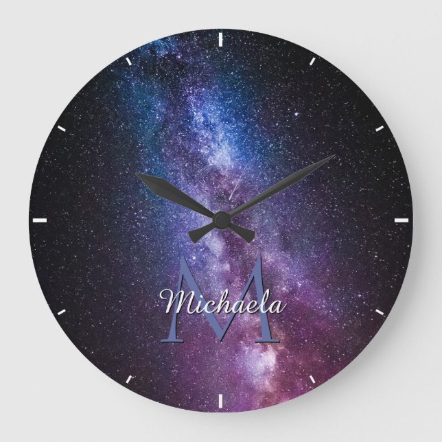 Milky way bright colors personalizable monogram large clock (Front)