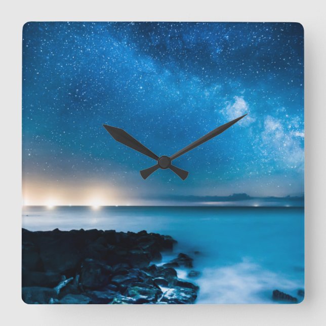 Milky Way Galaxy Over Fishing Boats Square Wall Clock (Front)