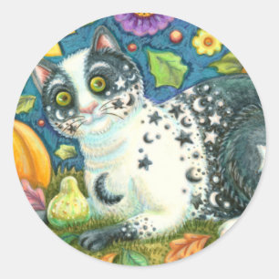 MILKYWAY, A MYSTICAL HALLOWEEN CAT, MOON & STARS CLASSIC ROUND STICKER