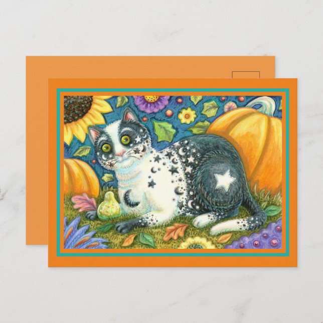 MILKYWAY, A MYSTICAL HALLOWEEN CAT, MOON & STARS  HOLIDAY POSTCARD (Front/Back)
