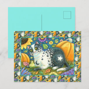 MILKYWAY, A MYSTICAL HALLOWEEN CAT, MOON & STARS HOLIDAY POSTCARD