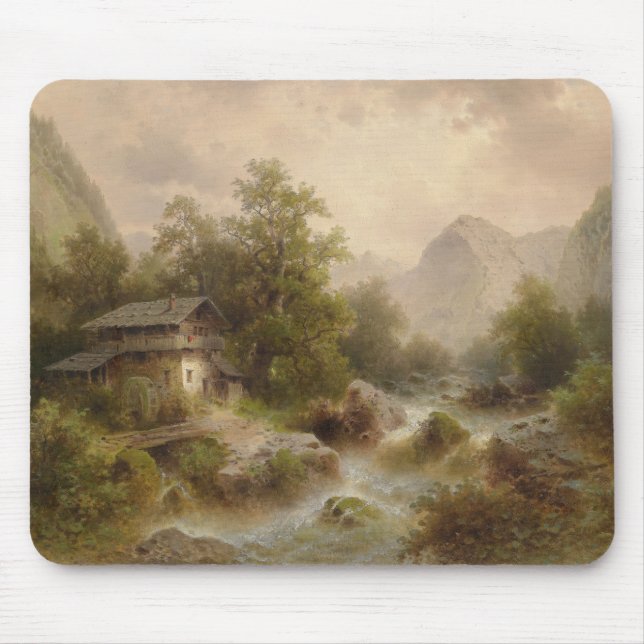 Mill on a Mountain Stream (by Albert Rieger) Mouse Pad (Front)