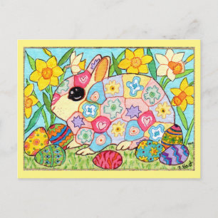 Millefiori Bunny with Festive Eggs Folk Art Easter Holiday Postcard