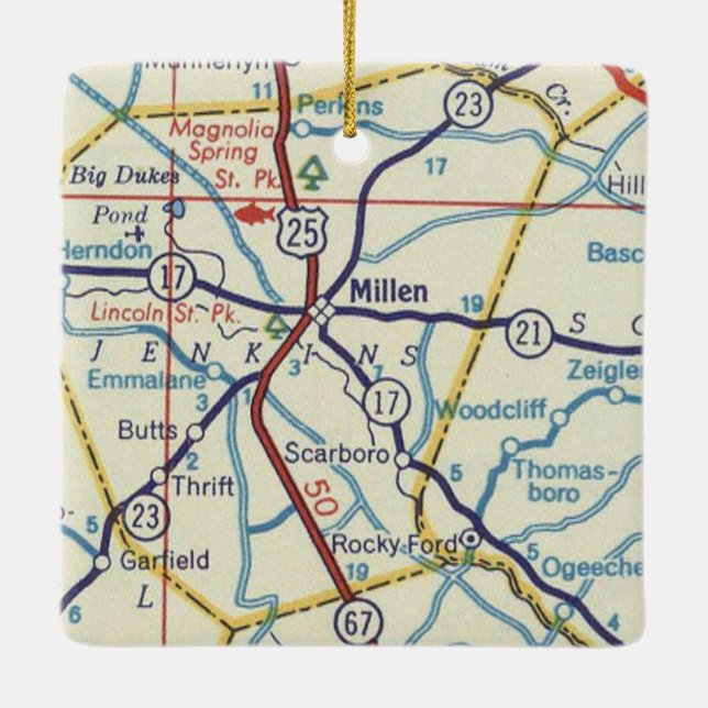 Millen GA Vintage Map Ceramic Ornament (Back)