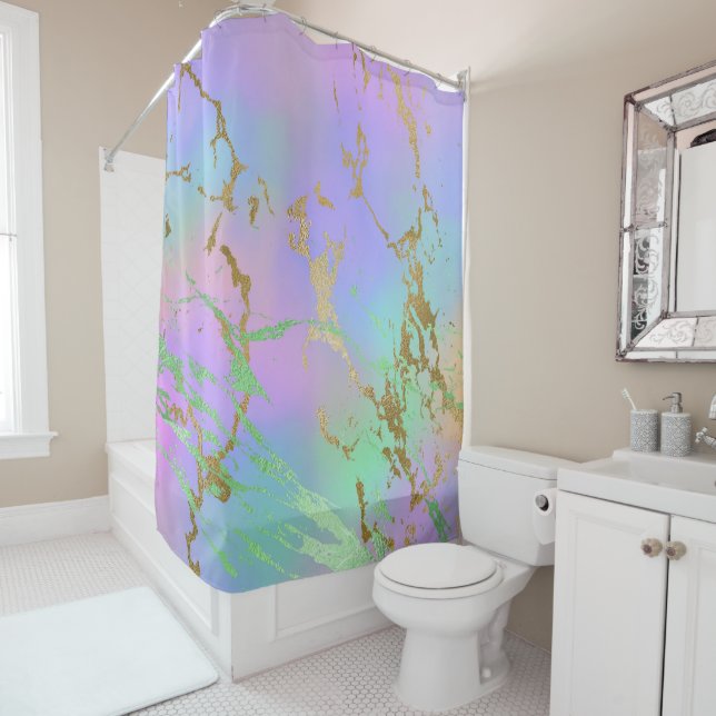 Millennial Marble | Playful Rainbow Pastel Ombre Shower Curtain (In Situ)