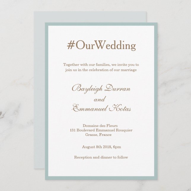 Millennial Modern Hashtag Mint Gold White Wedding Invitation (Front/Back)