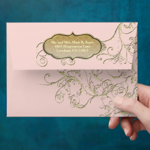 Millennial Pink and Gold Swirl Wedding Envelopes