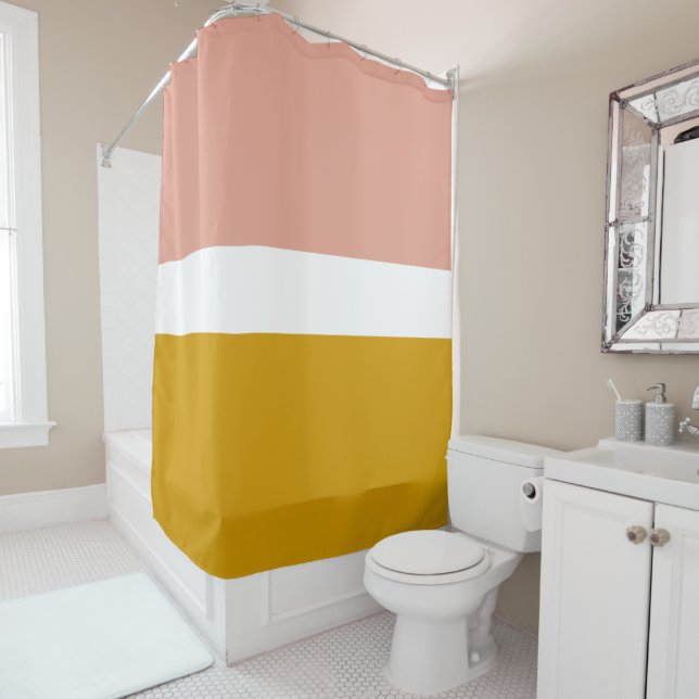 Millennial Pink Mustard Gold Colour Block Stripe Shower Curtain (In Situ)