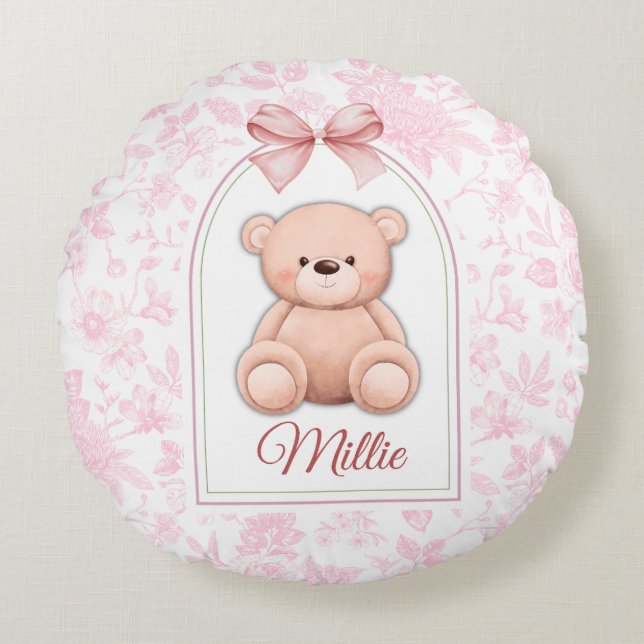Millie | Custom Pink Teddy Bear Nursery Design  Round Cushion (Front)