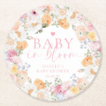 Millie Floral Baby In Bloom Baby Shower Round Paper Coaster<br><div class="desc">These baby shower coasters feature a soft watercolor spring floral design. The script heading is an image that cannot be edited. All of the other text is fully editable. For more advanced customisation of this design,  simply select the "Customise It" button above.</div>