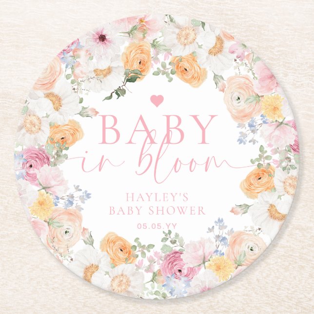 Millie Floral Baby In Bloom Baby Shower Round Paper Coaster (Front)