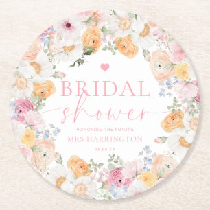 Millie Floral Bridal Shower Round Paper Coaster