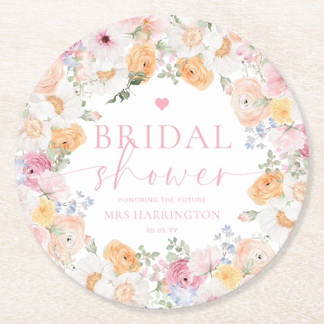 Millie Floral Bridal Shower Round Paper Coaster (Front)