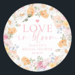 Millie Floral Love In Bloom Bridal Shower Classic Round Sticker<br><div class="desc">These bridal shower favour stickers feature a soft watercolor spring floral design. The script heading is an image that cannot be edited. All of the other text is fully editable. For more advanced customisation of this design,  simply select the "Customise It" button above.</div>