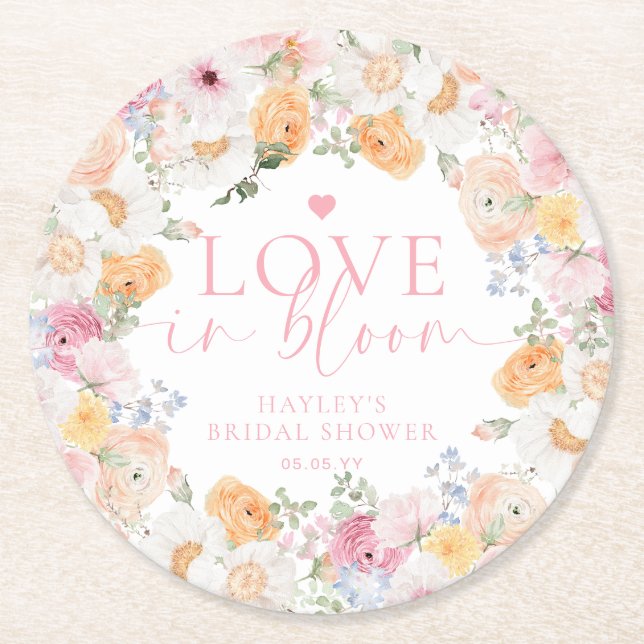 Millie Floral Love In Bloom Bridal Shower Round Paper Coaster (Front)