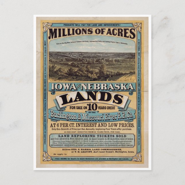 Millions of acres. Iowa and Nebraska 1872 Postcard (Front)