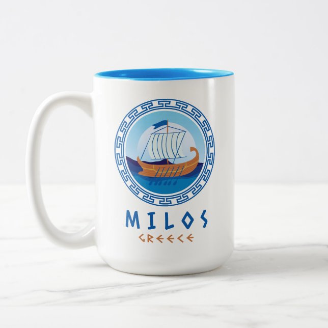 Milos, Greece Greek Ship Design Two-Tone Coffee Mug (Left)