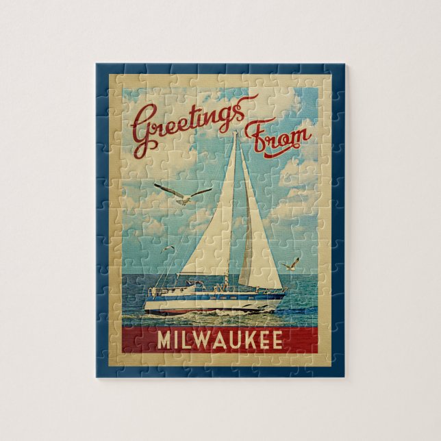 Milwaukee Sailboat Vintage Travel Wisconsin Jigsaw Puzzle (Vertical)