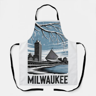 Milwaukee Skyline Black and White Woodcut Winter Apron