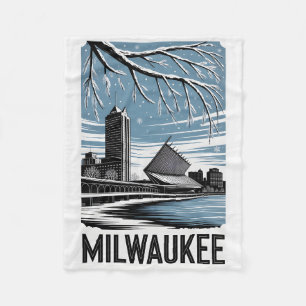 Milwaukee Skyline Black and White Woodcut Winter Fleece Blanket