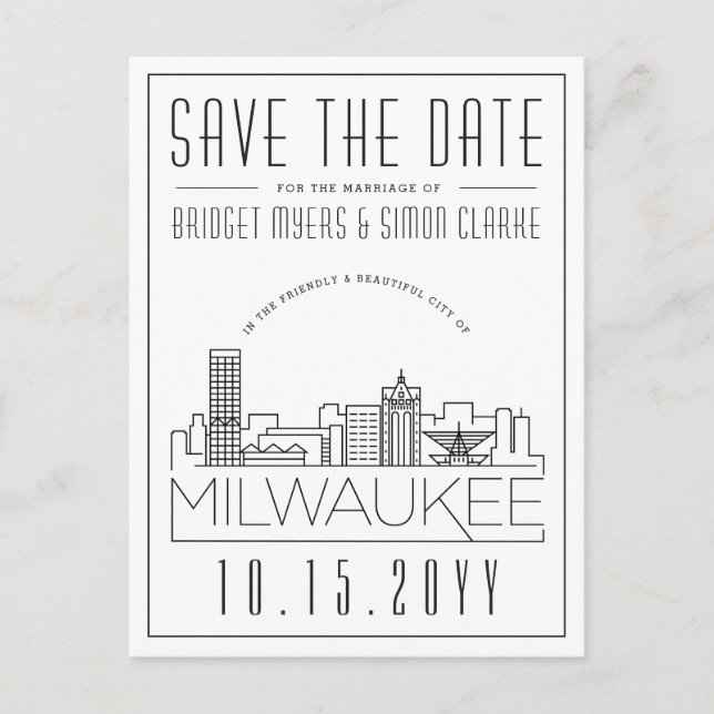 Milwaukee Wedding | Stylised Skyline Save the Date Postcard (Front)