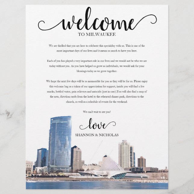 Milwaukee Wedding Weekend Welcome Itinerary (Front)