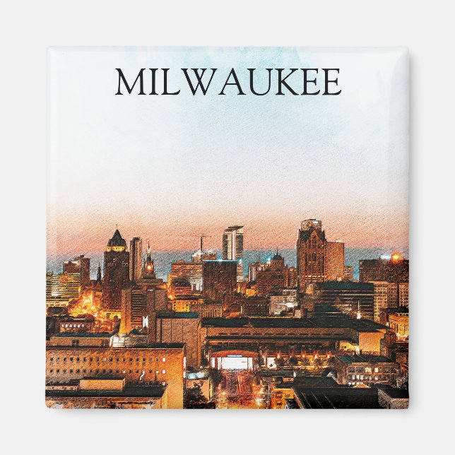 Milwaukee Wisconsin Skyline By Night Artwork Magnet (Front)