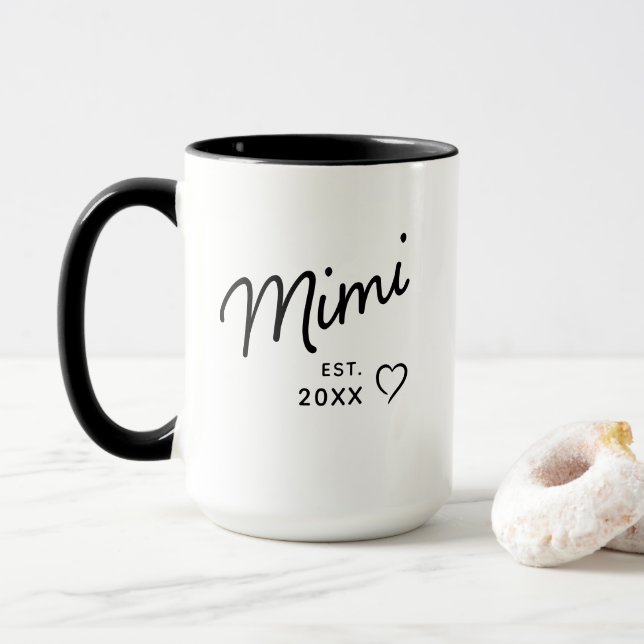Mimi Black and White Minimalist Est Year  Mug (With Donut)