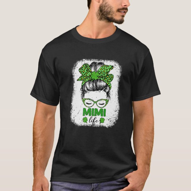 Mimi Clover Messy Bun Leopard Funny St Patrick's D T-Shirt (Front)