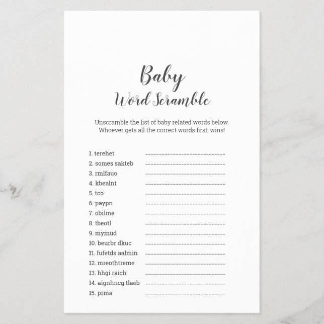 Mimimalist Baby Shower UK Baby Word Scramble Flyer (Front)