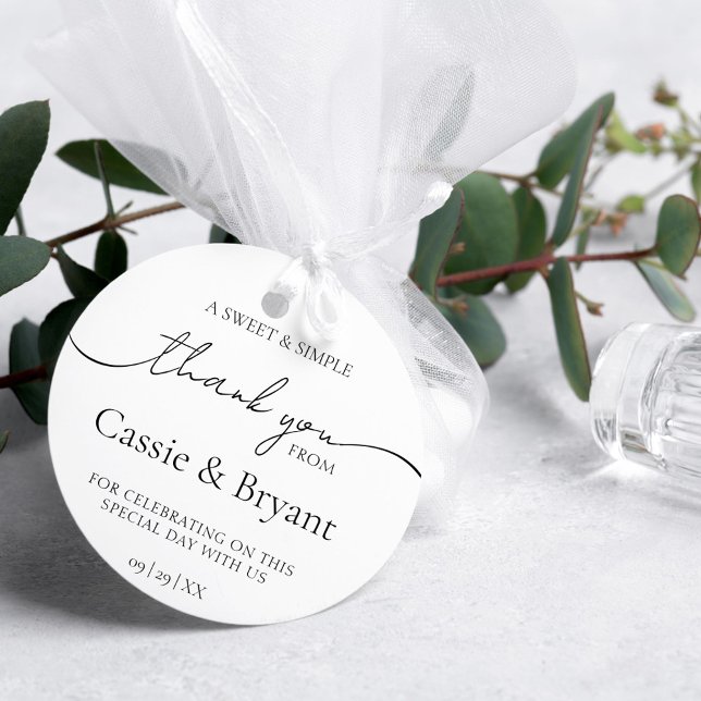 Miminal Modern Black and White Wedding Thank You Classic Round Sticker (Simple Classic Minimalist Black and White Wedding Thank You Stickers for Favor Bags)