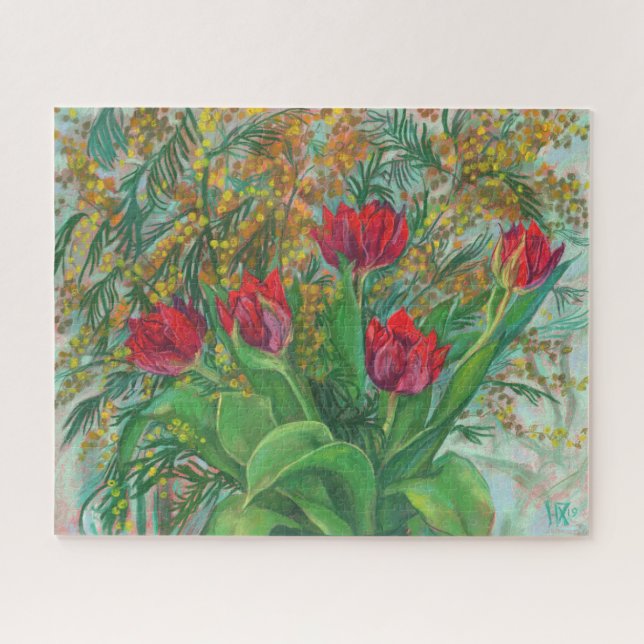 Mimosa and Tulips, Spring Flowers, Floral Painting Jigsaw Puzzle (Horizontal)