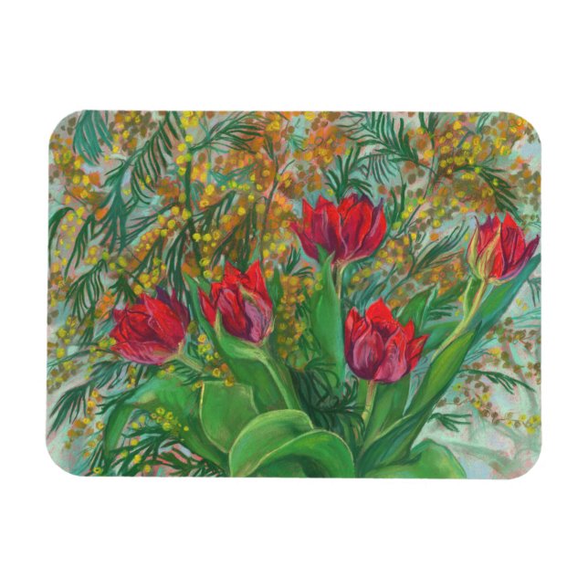 Mimosa and Tulips, Spring Flowers, Floral Painting Magnet (Horizontal)