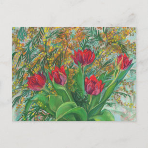 Mimosa and Tulips, Spring Flowers, Floral Painting Postcard