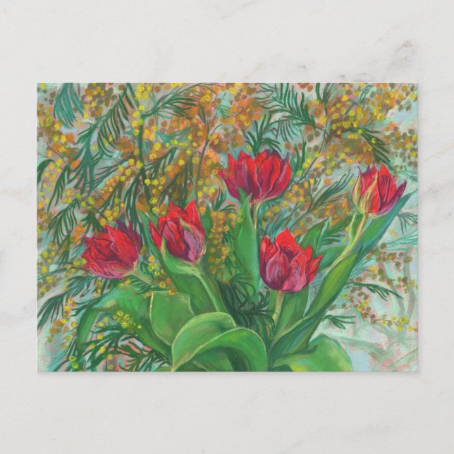 Mimosa and Tulips, Spring Flowers, Floral Painting Postcard (Front)