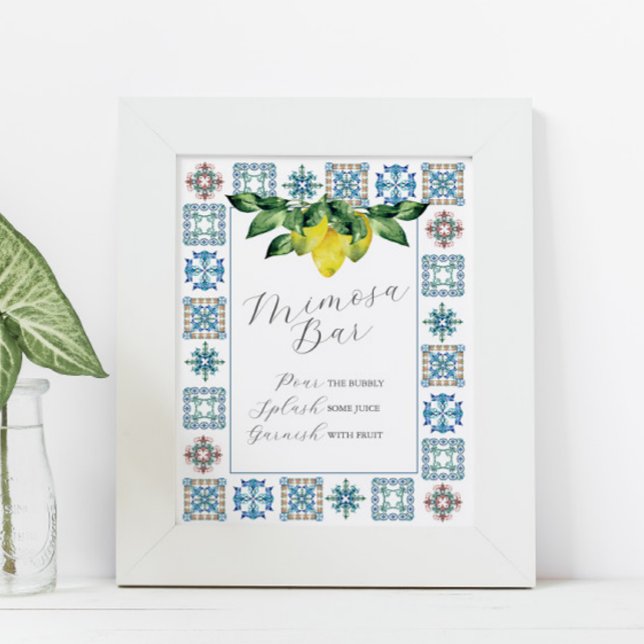 Mimosa Bar Blue & Yellow Lemons Poster (Blue tile and lemons mimosa bar sign featuring watercolor art Victoria Grigaliunas Do Tell A Belle)